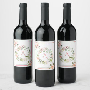 Étiquette Pour Bouteilles De Vin Monogramme floral rose pâle Mariage élégant