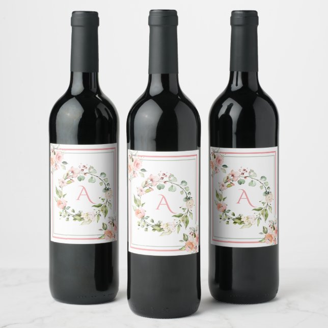Étiquette Pour Bouteilles De Vin Monogramme floral rose pâle Mariage élégant (Bouteilles)