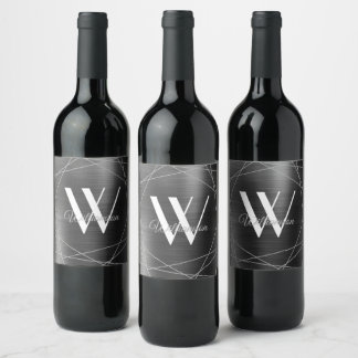 Étiquette Pour Bouteilles De Vin Monogramme Géométrique Élégant en Métal Argenté No
