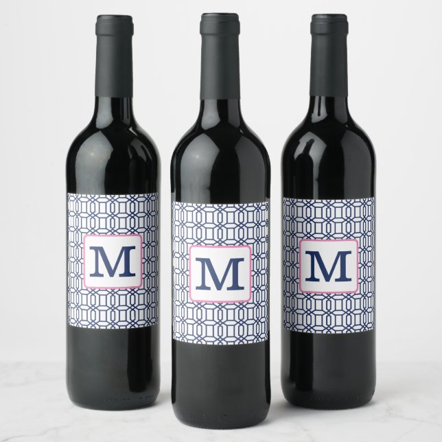 Étiquette Pour Bouteilles De Vin Monogramme géométrique octogone blanc préppant (Bouteilles)