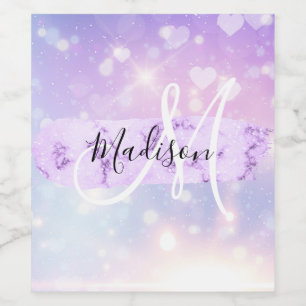 Étiquette Pour Bouteilles De Vin Monogramme Girly Sparkly Unicorn Rainbow Heart