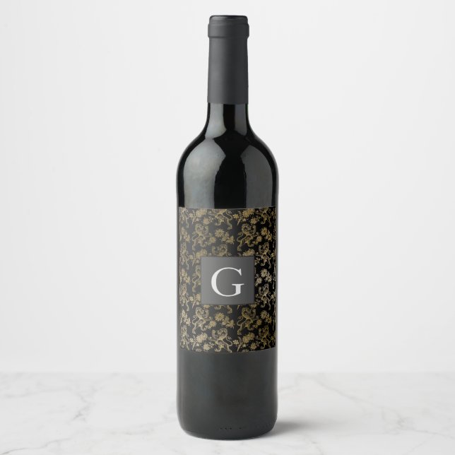 Étiquette Pour Bouteilles De Vin Monogramme Groomsmen Best Man Black Gold Lion Dama (Devant)