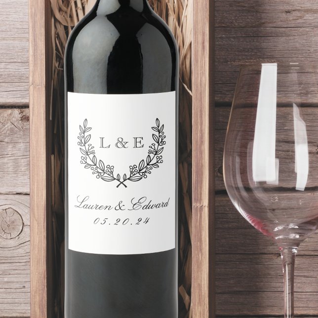 Étiquette Pour Bouteilles De Vin Monogramme Initial de Mariage Classique au Laurier (Créateur téléchargé)