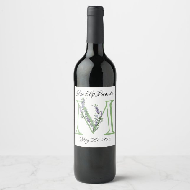 Étiquette Pour Bouteilles De Vin Monogramme M Lavender Eucalyptus (Devant)