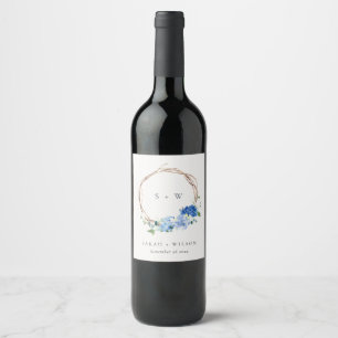 Étiquette Pour Bouteilles De Vin Monogramme Mariage en bois floral bleu vif