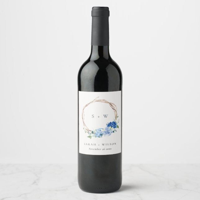 Étiquette Pour Bouteilles De Vin Monogramme Mariage en bois floral bleu vif (Devant)