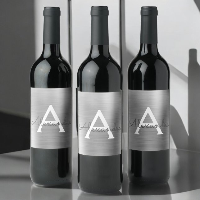 Étiquette Pour Bouteilles De Vin Monogramme métallique à huile d'argent (Créateur téléchargé)