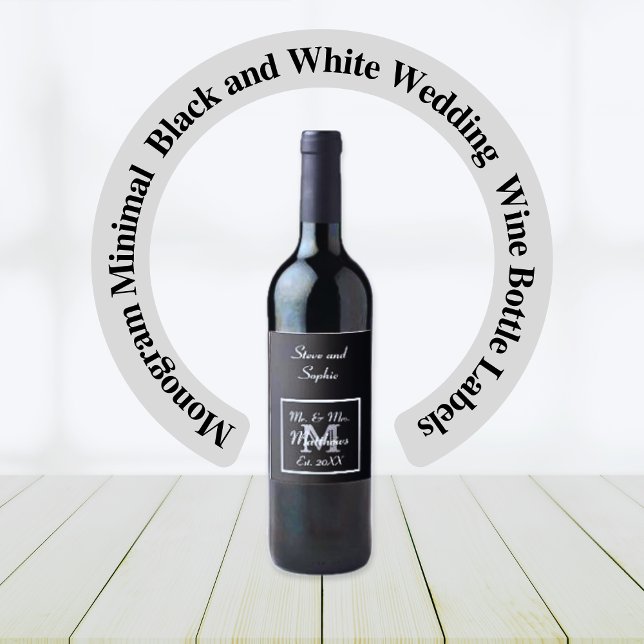 Étiquette Pour Bouteilles De Vin Monogramme minimal | Mariage noir et blanc (Monogrammed Wedding Wine Bottle Label)