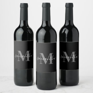 Étiquette Pour Bouteilles De Vin Monogramme minimaliste noir