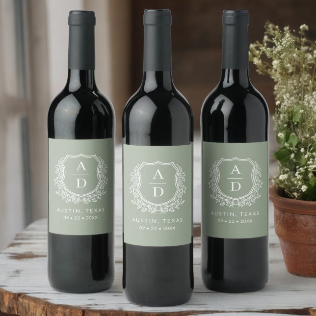 Étiquette Pour Bouteilles De Vin Monogramme moderne Mariage Sage Green Crest (Créateur téléchargé)