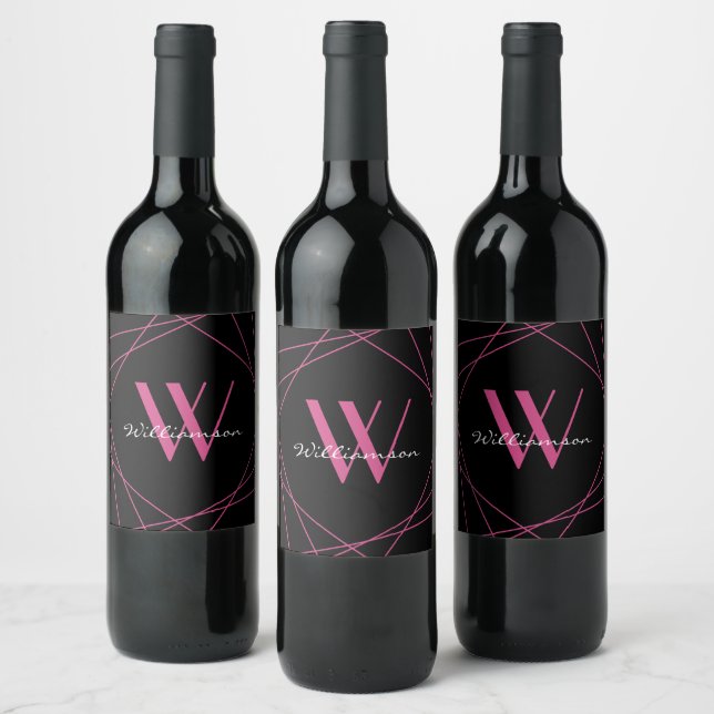 Étiquette Pour Bouteilles De Vin Monogramme Moderne Noir Rose Script Géométrique No (Bouteilles)