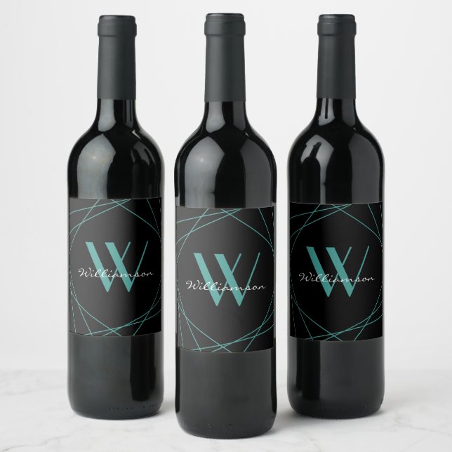 Étiquette Pour Bouteilles De Vin Monogramme Moderne Noir Turquoise Nom Script Géomé (Bouteilles)