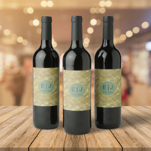 Étiquette Pour Bouteilles De Vin Monogramme Motif élégant pour Dahlias Vert & Or