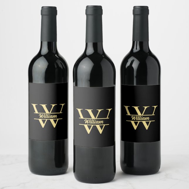 Étiquette Pour Bouteilles De Vin Monogramme Noir et Or | Initiale Élégante de Nom (Bouteilles)