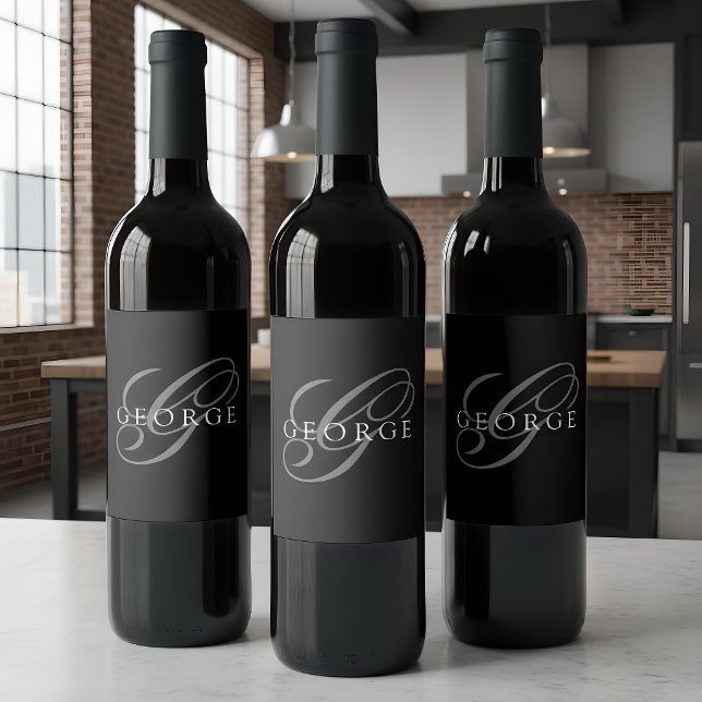 Étiquette Pour Bouteilles De Vin Monogramme Noir Gris Initial Script Nom (Créateur téléchargé)