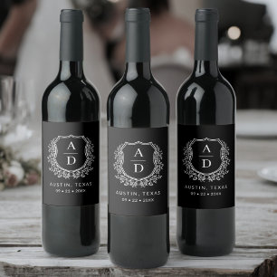 Étiquette Pour Bouteilles De Vin Monogramme noir Mariage Floral Crest