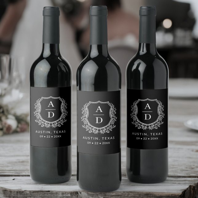 Étiquette Pour Bouteilles De Vin Monogramme noir Mariage Floral Crest (Créateur téléchargé)