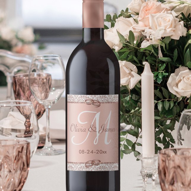 Étiquette Pour Bouteilles De Vin Monogramme or Rose de flamme Mariage damassé (Créateur téléchargé)