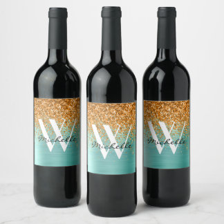 Étiquette Pour Bouteilles De Vin Monogramme pailleté élégant sarcelle or Nom fémini