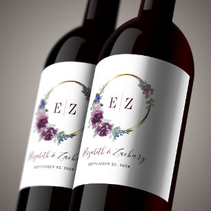 Étiquette Pour Bouteilles De Vin Monogramme Purple Floral Wreath Boho Gold Frame