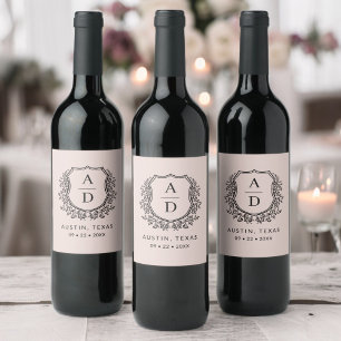 Étiquette Pour Bouteilles De Vin Monogramme rose pâle Mariage Floral Crest