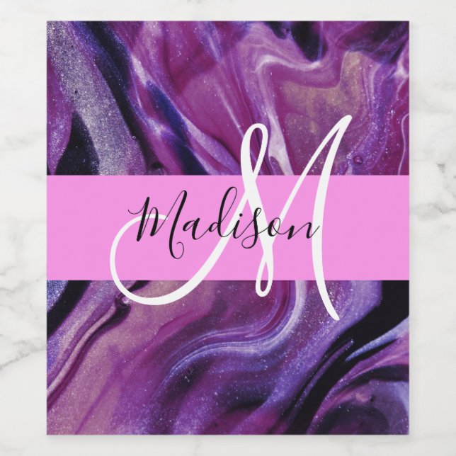 Étiquette Pour Bouteilles De Vin Monogramme Texture Violet Abstrait Brillant Rose (Étiquettes simples)