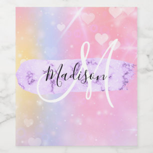 Étiquette Pour Bouteilles De Vin Monogramme Unicorn couleur Girly Rainbow Hearts