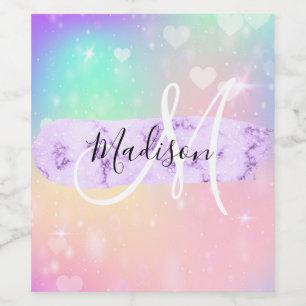 Étiquette Pour Bouteilles De Vin Monogramme Unicorn couleur Girly Rainbow Hearts