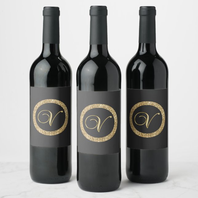 Étiquette Pour Bouteilles De Vin Monogramme V, élégante écriture dorée (Bouteilles)