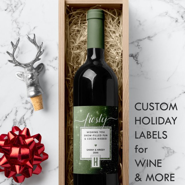 Étiquette Pour Bouteilles De Vin Monogramme vert rustique FROSTY ❄️ Vibe neigeuse (Rustic Green Monogram FROSTY ❄️ Snowy Vibe Wine Label
)