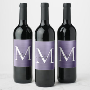 Étiquette Pour Bouteilles De Vin Monogramme violet clair Acier métallique à scrip