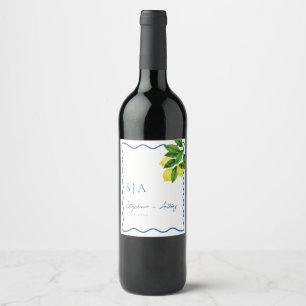 Étiquette Pour Bouteilles De Vin Monogrammes Citron Citrus, Bordure Blue Wave Maria