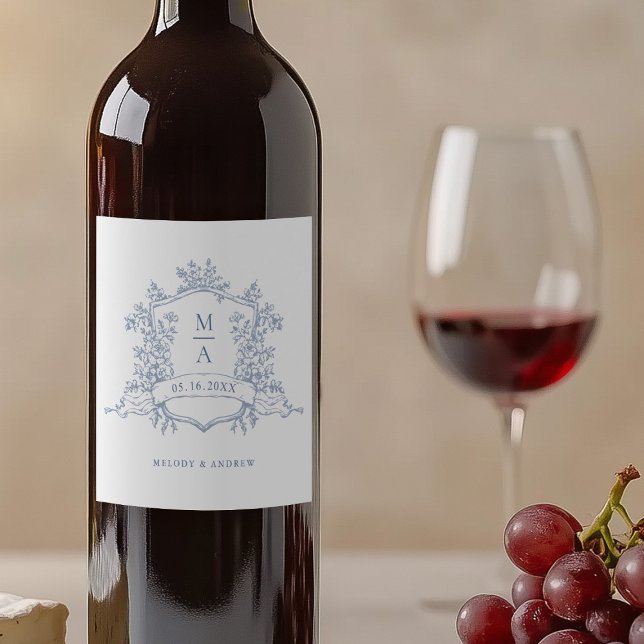 Étiquette Pour Bouteilles De Vin Monogrammes de poitrine fleurie bleu classique Mar (Créateur téléchargé)