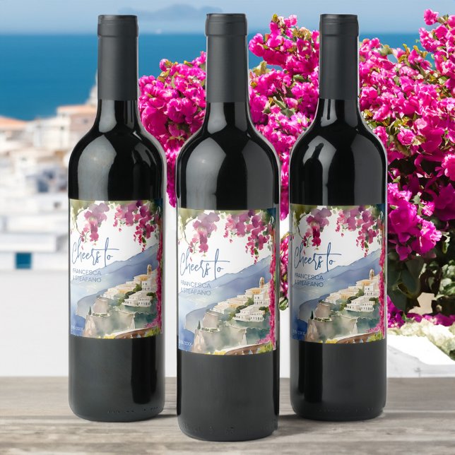 Étiquette Pour Bouteilles De Vin Monographie méditerranéenne de la côte amalfitaine (Amalfi coast bougainvillea  Mediterranean wedding bridal shower monogram printed Wine Label )