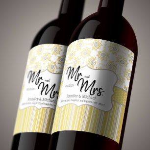 Étiquette Pour Bouteilles De Vin Monsieur et Madame Géométrique Jaune et Gris Abeil