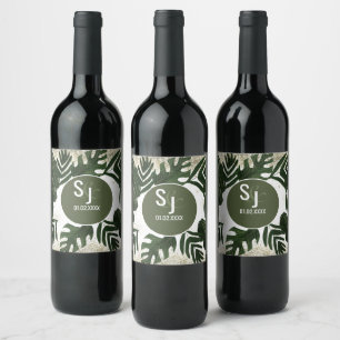 Étiquette Pour Bouteilles De Vin Monstera Tropical Faux éclaboussure d'or