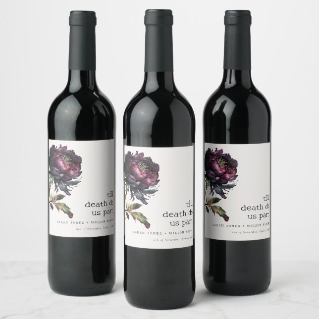 Étiquette Pour Bouteilles De Vin Moody Gothic violet foncé Mariage de pivoine noire (Bouteilles)