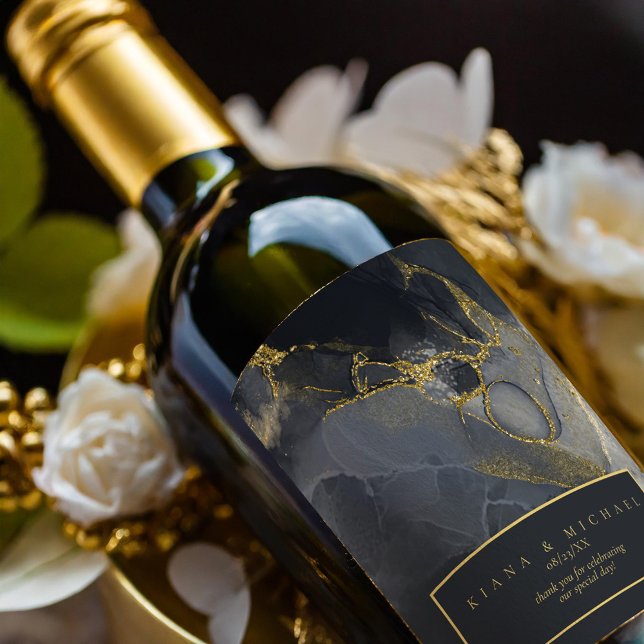 Étiquette Pour Bouteilles De Vin Moody Ink Charcoal Gold Abstrait ID988 (Créateur téléchargé)