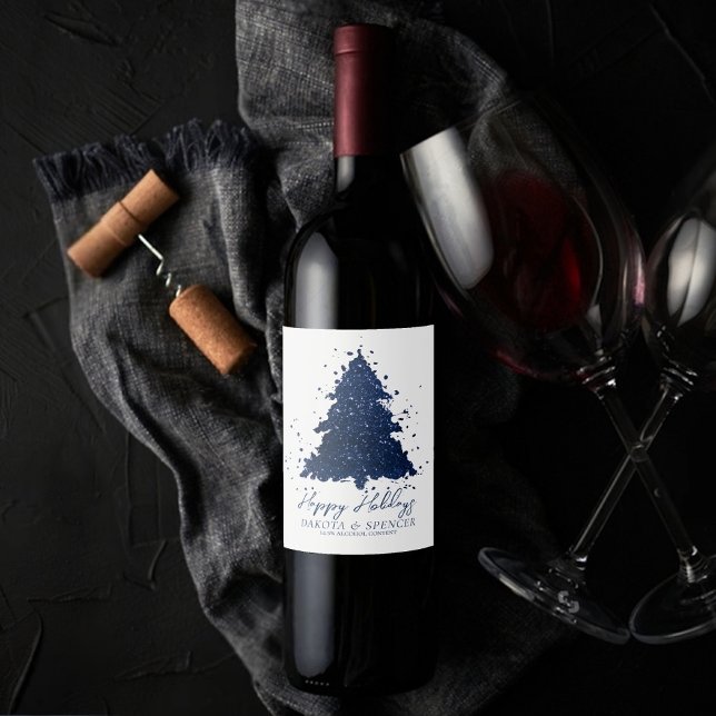 Étiquette Pour Bouteilles De Vin Moody Joyeux Noël | Classy Dark Navy Blue Tree (Créateur téléchargé)