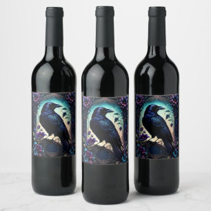 Étiquette Pour Bouteilles De Vin Moonlit Raven Suite de mariage floral gothique.