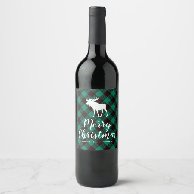Étiquette Pour Bouteilles De Vin Moose et Buffalo Green Plaid Motif Noël (Devant)