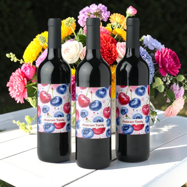 Étiquette Pour Bouteilles De Vin Motif aquarelle fruit cerise baie rouge bleu (Créateur téléchargé)
