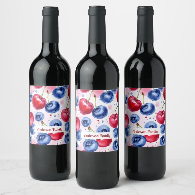 Étiquette Pour Bouteilles De Vin Motif d'aquarelle Blue Red Fruit Berry Cherry (Bouteilles)