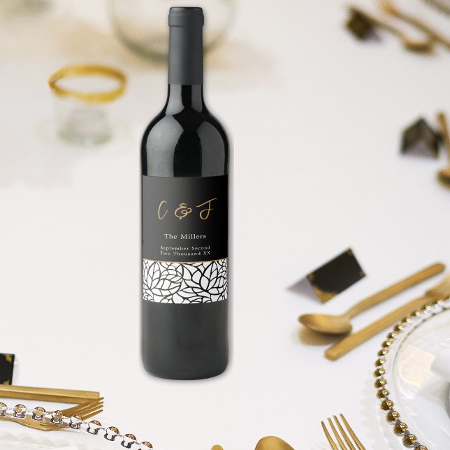 Étiquette Pour Bouteilles De Vin Motif de feuille botanique moderne Monogramme Date (Modern Botanical Leaf Pattern Monogram Date Wine Label)