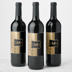Étiquette Pour Bouteilles De Vin Motif de girafe noire et dorée