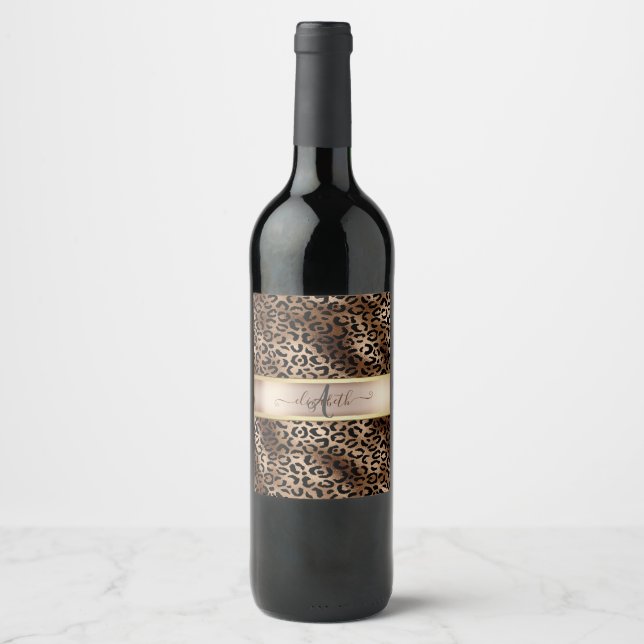 Étiquette Pour Bouteilles De Vin Motif léopard Bronze Noir Monogramme (Devant)