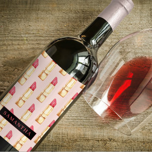 Étiquette Pour Bouteilles De Vin Motif moderne rose et rouge rouge rouge Fille avec