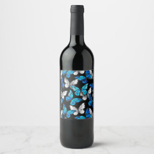 Étiquette Pour Bouteilles De Vin Motif sans couleur foncée avec papillons bleus Mor