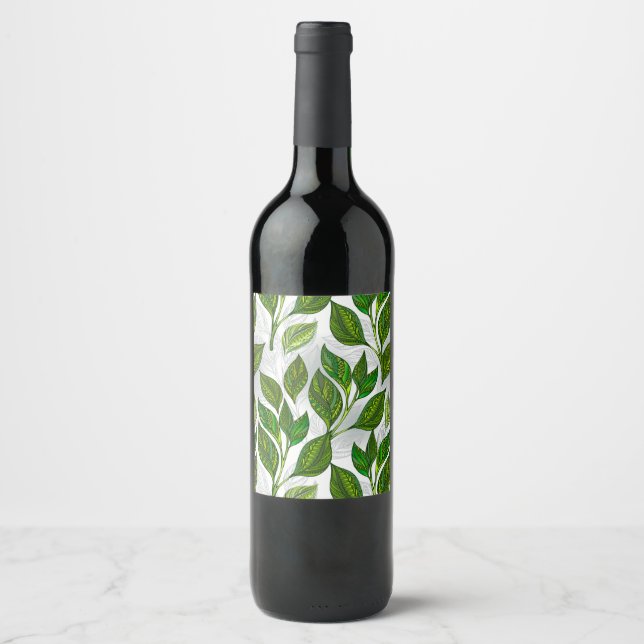 Étiquette Pour Bouteilles De Vin Motif sans couture avec Feuilles de thé vert (Devant)
