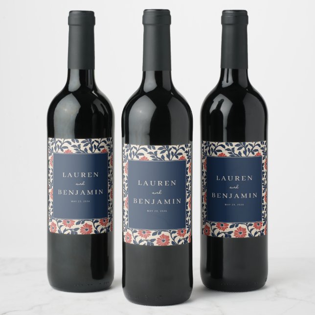 Étiquette Pour Bouteilles De Vin Navy Élégant Floral (Bouteilles)